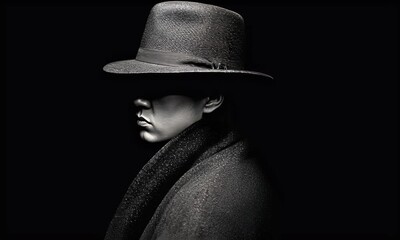 A man poses in a hat and coat, his face shadowed, set against a stark, dark backdrop - Powered by Adobe