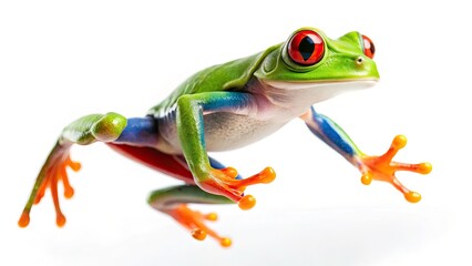 Fototapeta premium Red-Eyed Tree Frog Leap, Bokeh Background, Rainforest, Amphibian Jump, Night Photography, Wildlife Photo