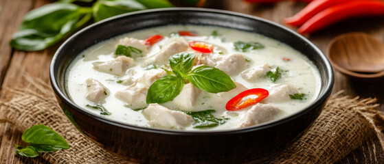 Creamy chicken stew with basil and chili garnish