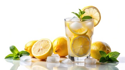 Fototapeta premium Refreshing Summer Lemonade: Iced Drink Photography, Cold Beverage, Summer Drink, Yellow Drink, Glass of Lemonade