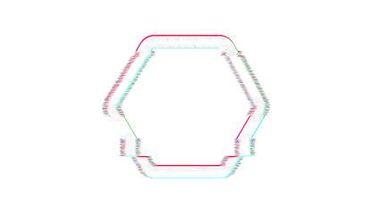 Icon hexagon is distorted. Glitch. Noise, chromatic aberration, geometric distortion