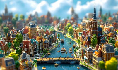 A vibrant miniature cityscape featuring colorful buildings along a serene river with boats