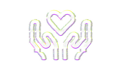 Icon hands heart is distorted. Glitch. Noise, chromatic aberration, geometric distortion