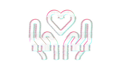 Icon hands heart is distorted. Glitch. Noise, chromatic aberration, geometric distortion