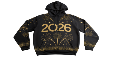 Black Hoodie with Gold 2026 Firework Design:  A stylish black hoodie with a bold gold 2026 design and firework pattern, perfect for ringing in the new year in style.  