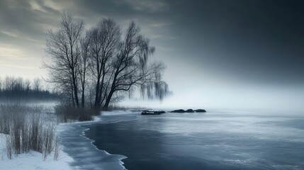 Fototapeta premium Winter Serenity: A Misty Lake and Bare Trees