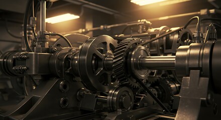 Obraz premium Complex Industrial Machine with Gears and Belts Showing Power and Movement