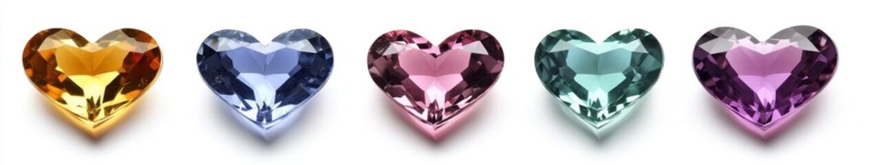 Fototapeta premium Colorful Heart-Shaped Gems in Vibrant Hues on White Background