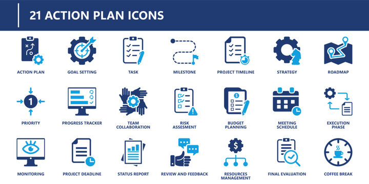 Action plan icons pack in solid style including goal setting, project timeline, execution phase, review, budget, risk, and collaboration.
