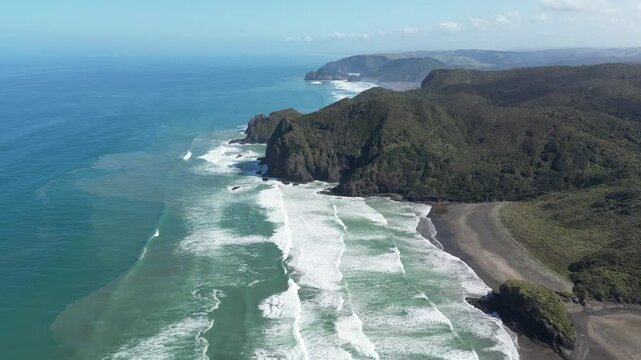 Aerial Drone View of West Coast Cliffs and Shoreline Near Bethells Beach, Auckland, New Zealand