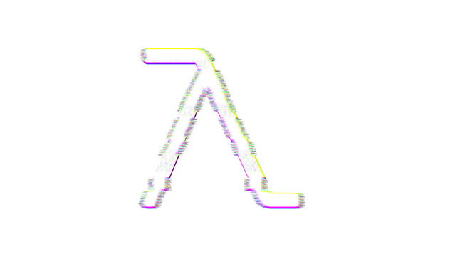 Icon lambda is distorted. Glitch. Noise, chromatic aberration, geometric distortion