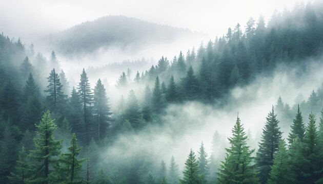 Fototapeta Serene Misty Evergreen Forest with Fog Rolling Over Hills