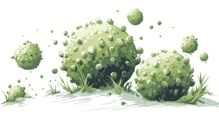 A digital illustration showcases several large, light-green spheres with a bumpy, textured surface, reminiscent of stylized plants or spores.  The spheres are rendered in a painterly style with
