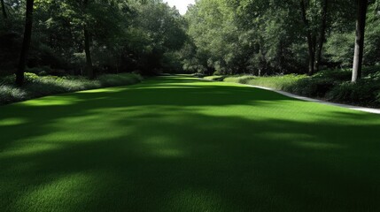 Obraz premium Lush green lawn pathway through a shaded forest