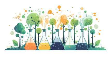 A vibrant digital illustration showcases a row of Erlenmeyer flasks filled with liquids of varying hues �C orange, yellow, dark blue, and teal �C arranged against a backdrop of stylized trees