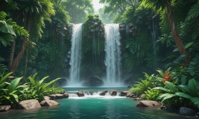 Emerald waterfall cascades through vibrant tropical foliage ,  tropical,  growth