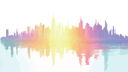 Fototapeta premium The image showcases a stylized silhouette of a city skyline rendered in a vibrant palette of pastel rainbow hues. The buildings are depicted in a simplified, almost painterly manner,