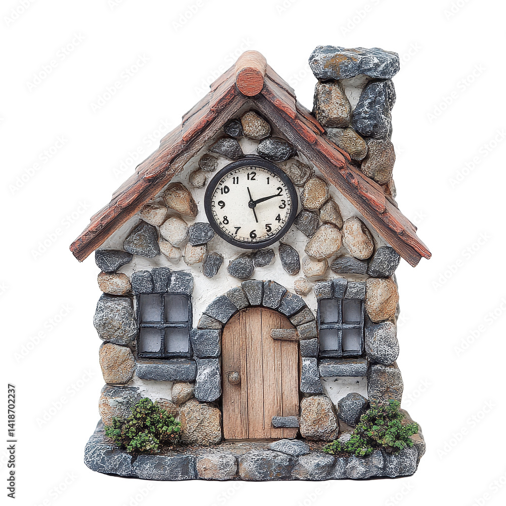 Poster charming small stone building with clock and rustic features in a quaint setting, small stone buildi