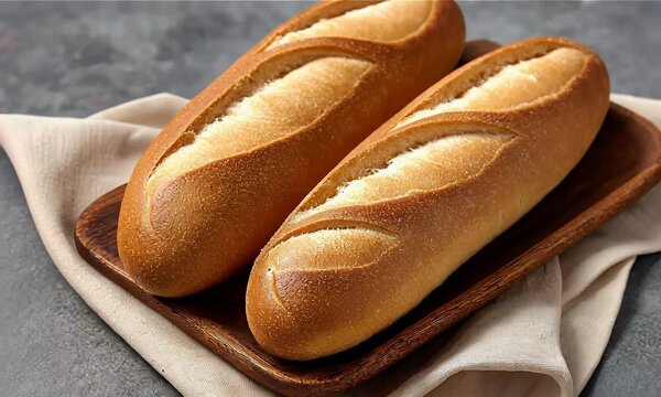 Two golden baguettes rest on a wooden tray with a cream cloth, atop a gray surface, offering a simple, elegant food presentation