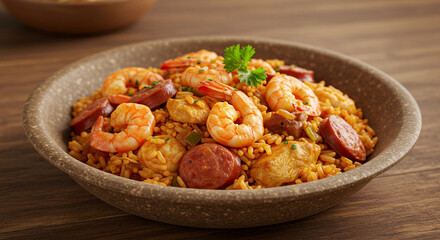 Hearty bowl of jambalaya with seafood and sausage