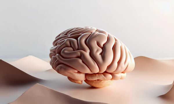 Brain lies on rippling fabric, close-up. Soft, ethereal lighting. Concept image. Neutral color palette. Smooth texture and surface