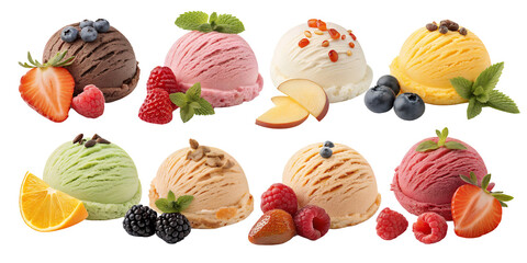 Variety of ice cream scoop: An inviting display of colorful ice cream scoops, each adorned with fresh fruit and vibrant toppings, offering a tempting treat