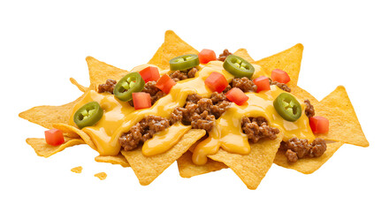 A vibrant plate of nachos topped with melted cheese, ground beef, jalape?os, and diced tomatoes, perfect for parties