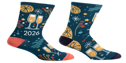 Festive Socks: A pair of colorful socks with various patterns and details designed with celebration concept for special occasion, a symbolic illustration of fashion and festivity.
