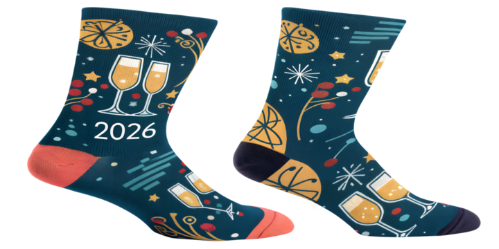 Festive Socks: A pair of colorful socks with various patterns and details designed with celebration concept for special occasion, a symbolic illustration of fashion and festivity.