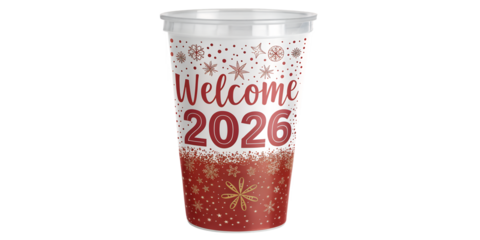 Cheers to 2026: A festive clear plastic cup is decorated with a welcoming "Welcome 2026" message, with celebratory snowflakes and stars, heralding the arrival of a new year.