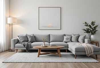 Serene Grey Sectional Sofa in a Modern Living Room with Round Coffee Table and Minimalist Decor