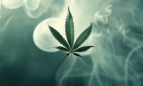 cannabis leaf  with white smoke on green background