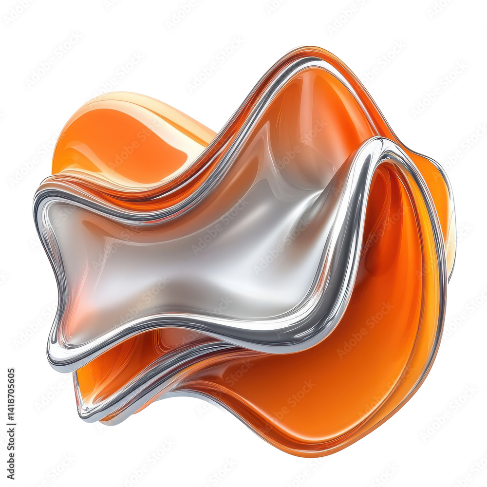 Poster a glossy abstract form with orange and silver layers creating a fluid and modern design element shap