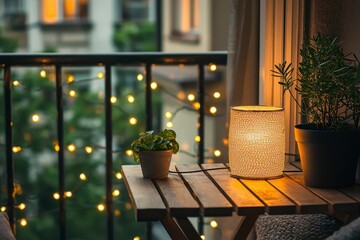 Cozy Balcony Evening with String Lights and Lantern Lamp