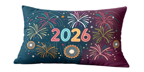 New Year's Eve Fireworks Pillow: A vibrant pillow design displays a colorful firework display along with the year 2026, perfect for decorating during New Year's festivities.