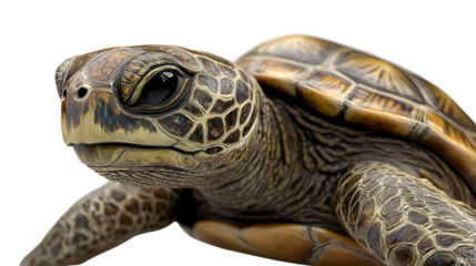 Close-up of a realistic sea turtle swimming gracefully underwater, surrounded by vibrant coral reefs and marine life