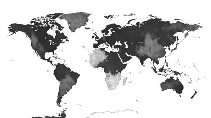 A grayscale world map illustration with country borders, continents, and oceans.