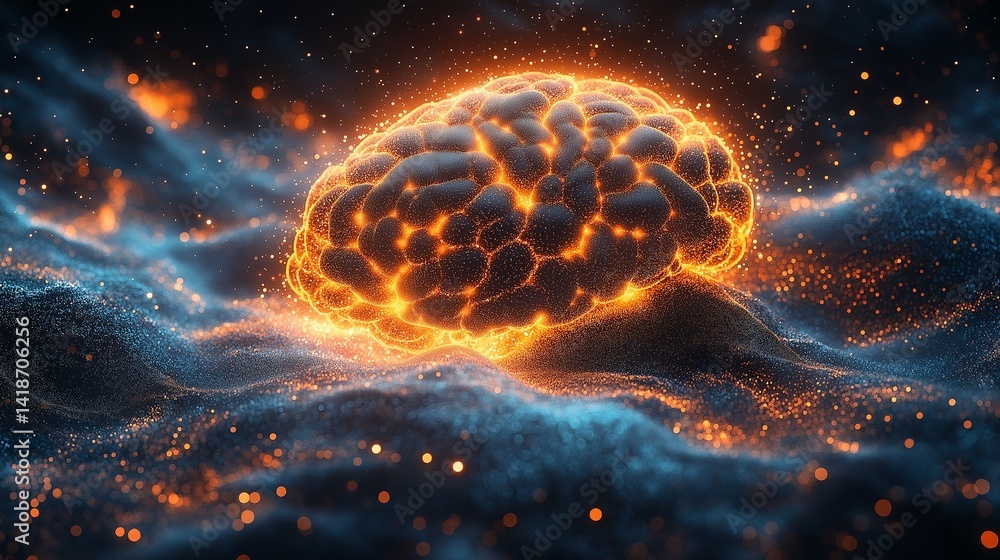 Wall mural abstract human brain made of glowing particles floating on a plain background high resolution,genera