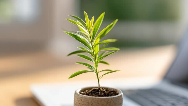 Growing Sprout of Inspiration: Capturing the vibrant vitality of new beginnings, a flourishing seedling thrives in a modest pot, symbolizing growth, potential, and the nurturing power of nature.