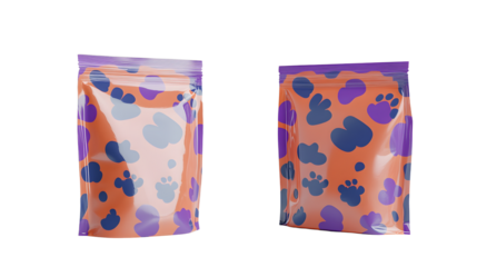 Colorful packaging featuring playful paw print designs, set against a clean background, ideal for pet product marketing