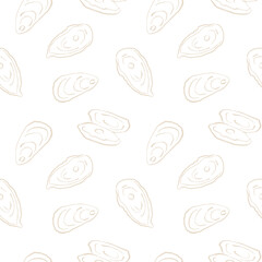 Minimal oyster seamless pattern in cut out matisse style for ocean design and packaging in light beige and white colors
