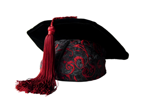 Elegant black and red graduation cap with intricate designs, symbolizing academic achievement and celebration