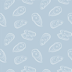 Minimal oyster seamless pattern in cut out matisse style for ocean design and packaging. White drawing on blue background 