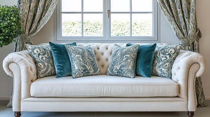 Elegant white chesterfield sofa adorned with teal cushions and curtains