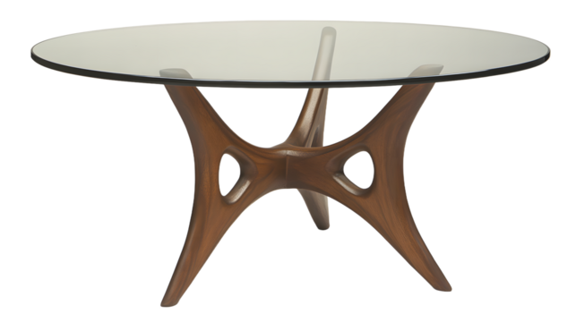 Elegant round glass table with a unique wooden base, set in a bright modern living room with stylish decor