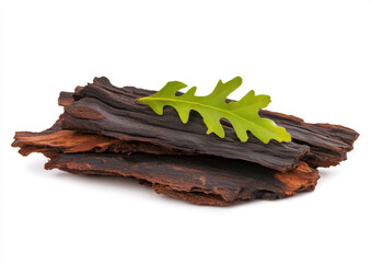 Stacked dark brown wood pieces with a green leaf