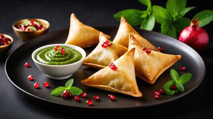 Golden samosas with mint chutney and pomegranate seeds on a black plate garnish an exquisite culinary presentation, ideal for food photography and advertising