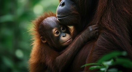 Naklejka premium Loving Orangutan Mother Hugging Cute Baby in Forest Portrait