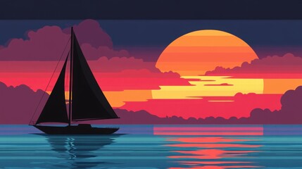 Naklejka premium Silhouette of a sailboat gliding across the ocean with a dramatic, colorful sunset in the background