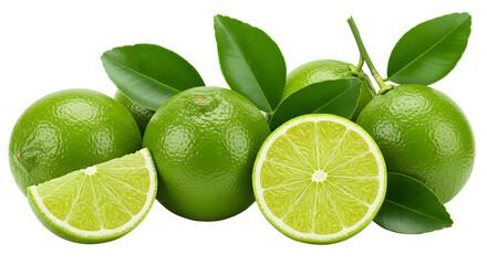 Fresh green limes arranged with vibrant green leaves, showcasing their juicy interior, perfect for culinary use
